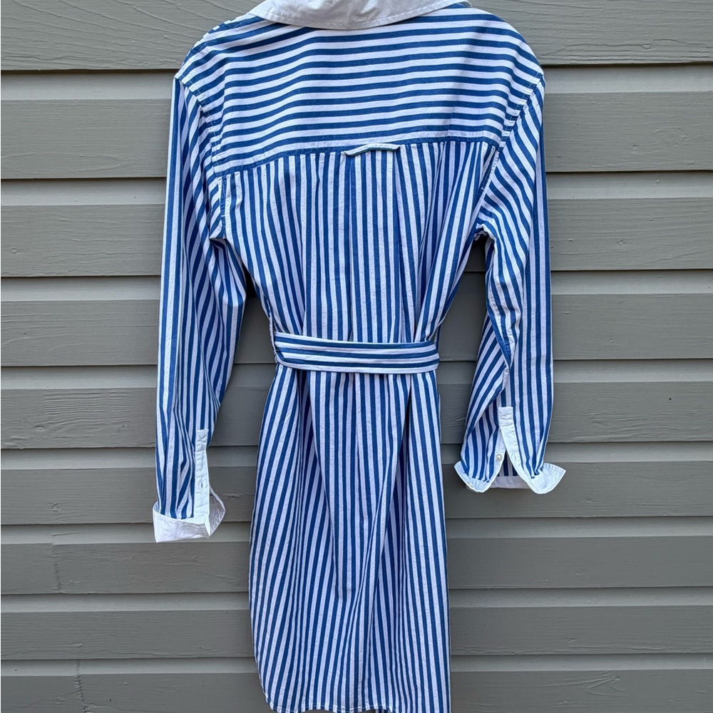 Striped Blue & White Collard Shirt Dress with Tie Waist Free Assembly - Picture 4 of 5